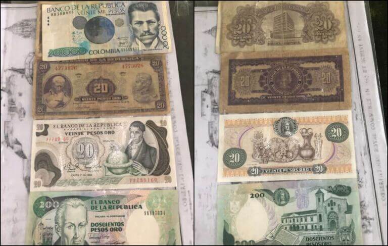 Billetes antiguos de Colombia honrando a los científicos: Julio Garavito y Francisco José de Caldas.