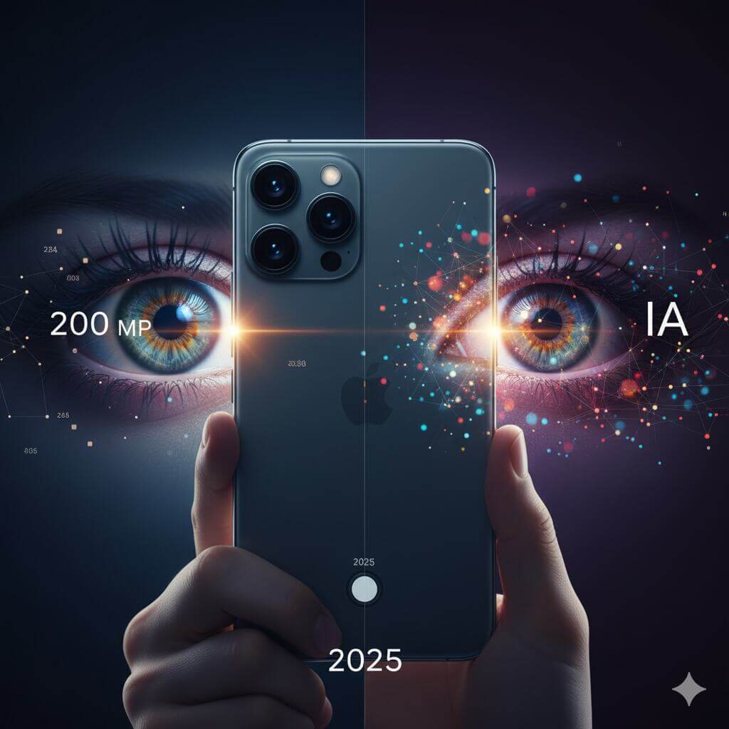 Smartphone moderno con múltiples cámaras y un sensor grande, dividiendo una escena de dos ojos humanos: uno con el texto "200 MP" reflejando números y datos técnicos, y el otro con el texto "IA" reflejando una red neuronal colorida. Ambos ojos muestran un reflejo de luz que atraviesa el teléfono. En la parte inferior central, se lee "2025". La imagen representa la dualidad entre la resolución del hardware y el procesamiento de Inteligencia Artificial en la fotografía móvil actual.