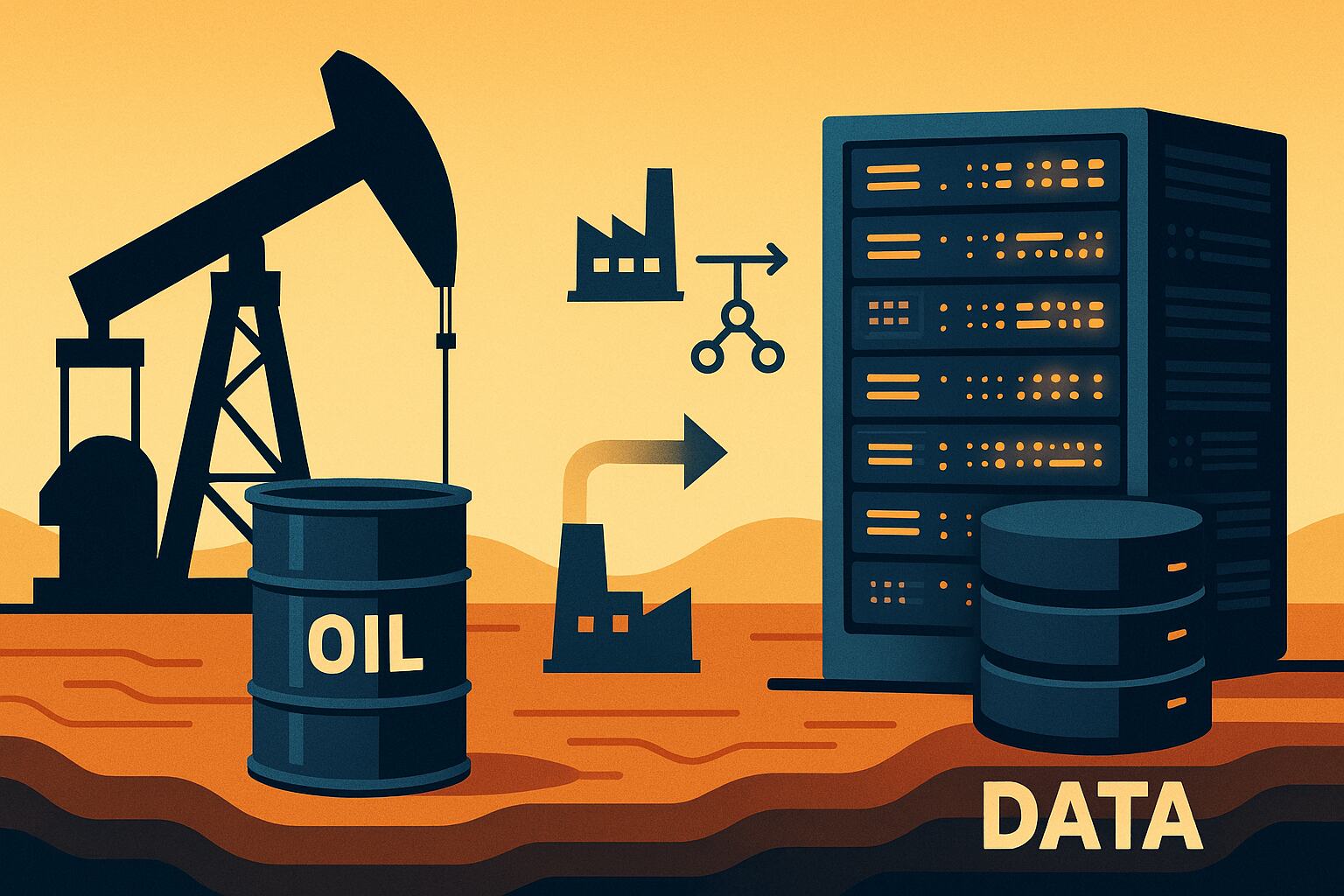Ilustración conceptual que compara el petróleo con los datos, mostrando un barril marcado como "oil" y un servidor con discos rotulados como "data", destacando la importancia del almacenamiento de datos en la era digital.