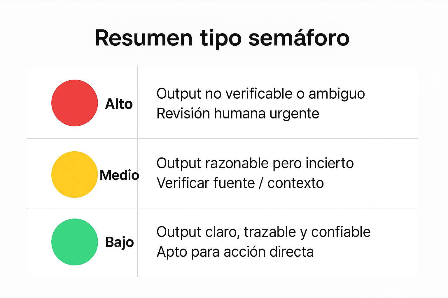 Infografía tipo semáforo que clasifica los outputs de IA en tres niveles de riesgo frente a alucinaciones: alto (no verificable), medio (incierto) y bajo (confiable), indicando acciones recomendadas según el nivel de confianza.