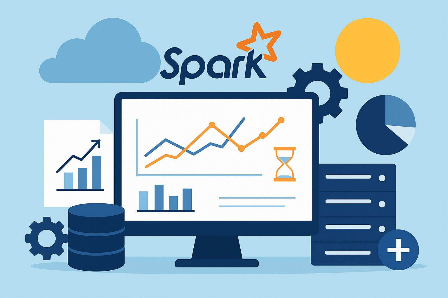 Ilustración de Spark mostrando gráficos de datos, servidores, engranajes y nubes que representan análisis empresarial y procesamiento de big data.
